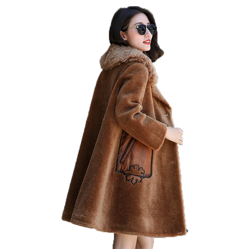 Sheep Shearling Fur Winter Jacket Women Clothes Wool Jacket Lamb Fur Collar Korean Elegant Suede Lining Long Coat ZT642 - Цвет: caramel
