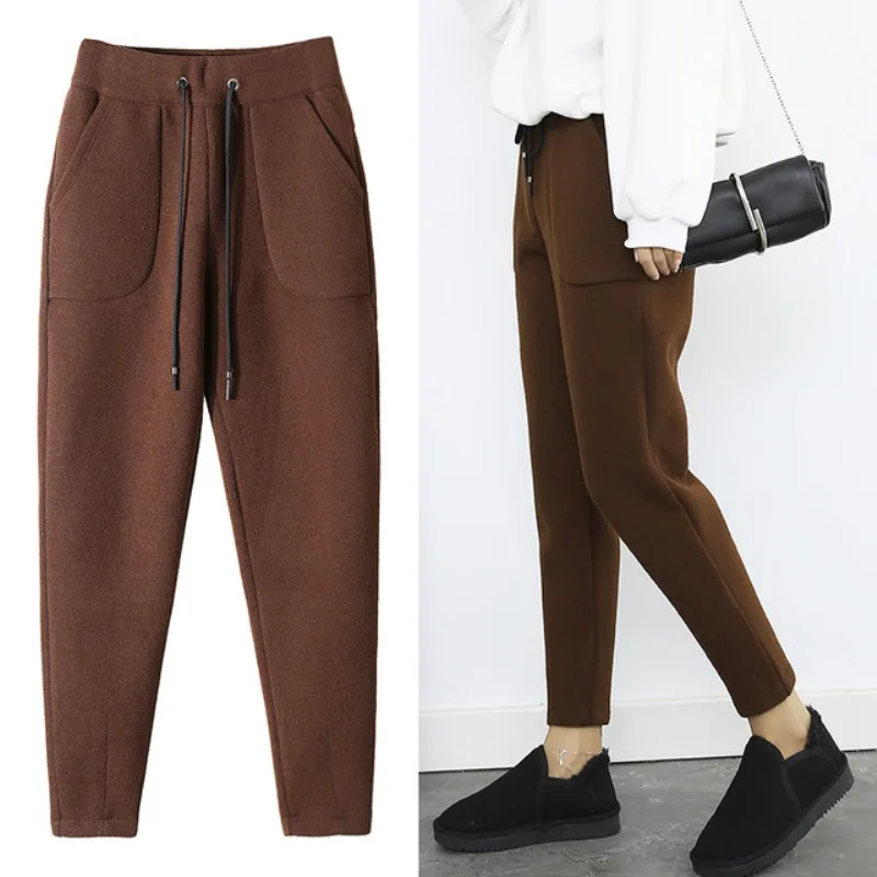 

2019 Autumn Winter Pants Warm Women Ankle Length Woolen Pant Thick High Waist Trousers Loose Work Casual Solid Wear Harem Pants