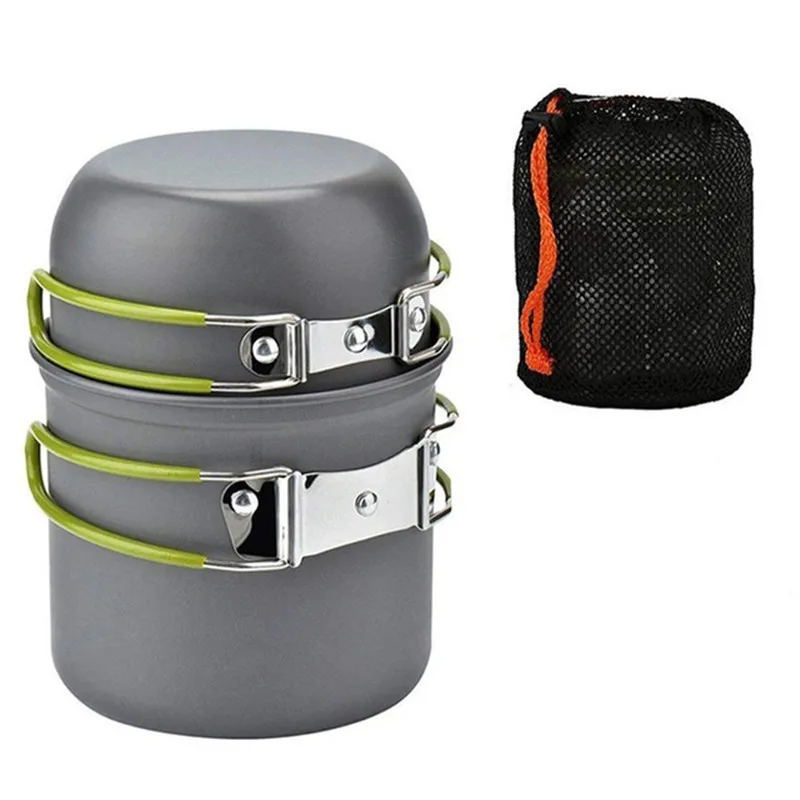 

Camping Tableware Pot 1-2 Person Hiking Picnic Backpacking Pot Portable Tableware Cooking Travel Pot with Green Handle