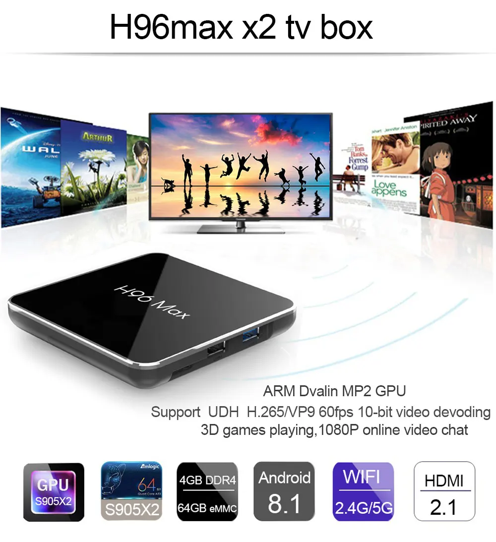 H96 Max x2 caja de tv inteligente Android 8,1 четырехъядерный процессор Amlogic S905X2 LPDDR4 4 ГБ 32 ГБ 64 Гб 2,4G y 5 ГГц Wifi 4 K ТВ-приставка