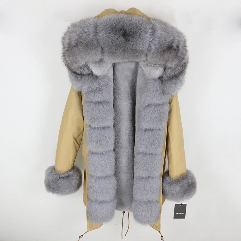 Brand Real Fur Coat Fashion Winter Jacket Women Natural Real Fox Fur Collar Loose Long Parkas Big Fur Outerwear Detachable - Цвет: beige grey