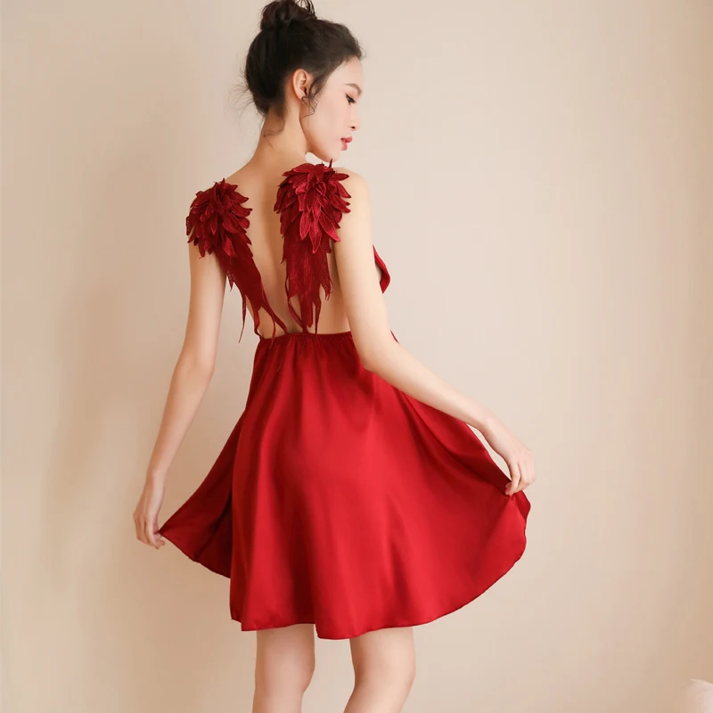 

Angel Wings Sexy Temptation Sleepshirts 2019 New Women Sling Satin Sleep Dress Nightgown Homewear Clothing Lingerie