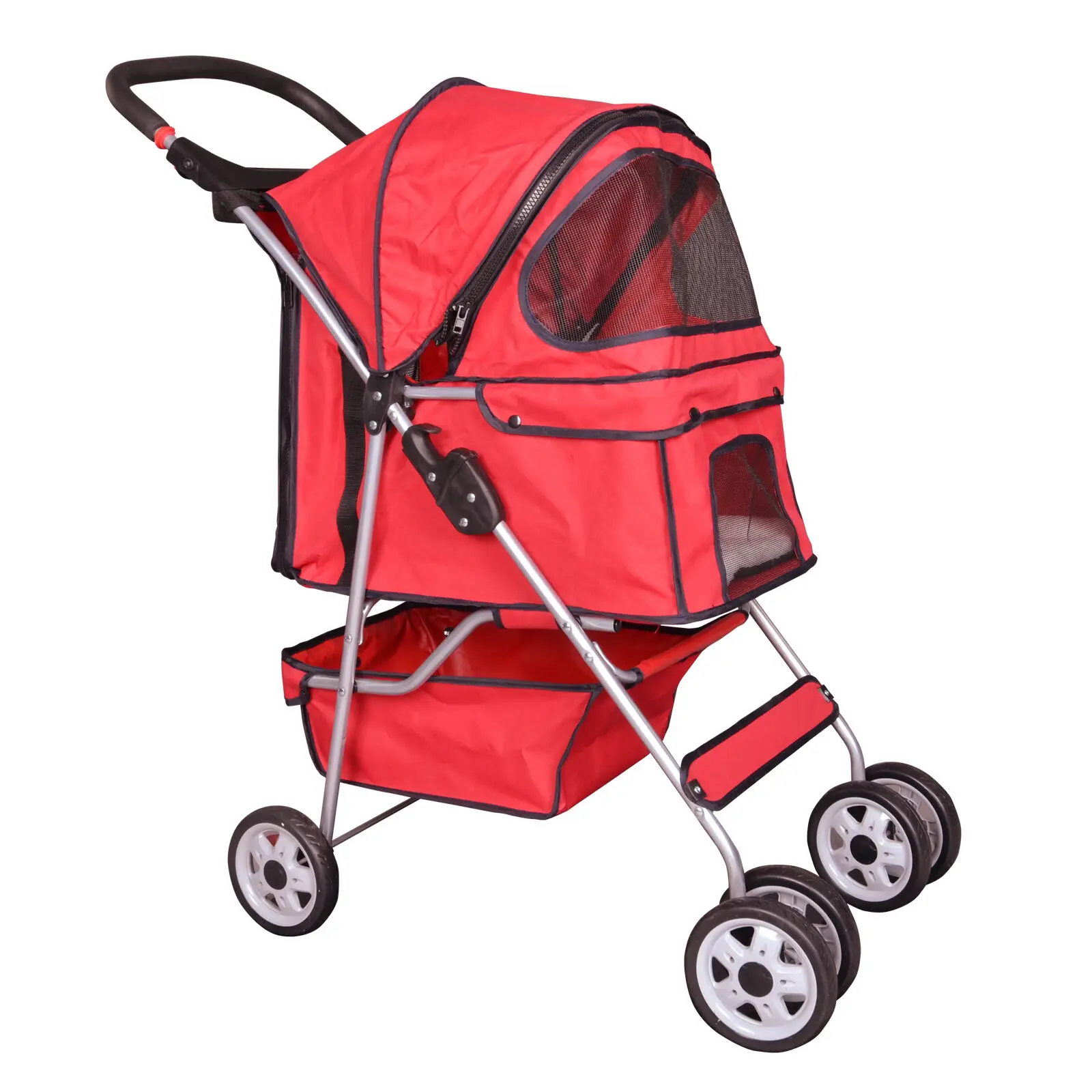 

4 Wheels Pet Stroller Cat Dog Cage Trolley Travel Folding Carrier Red Black Pink