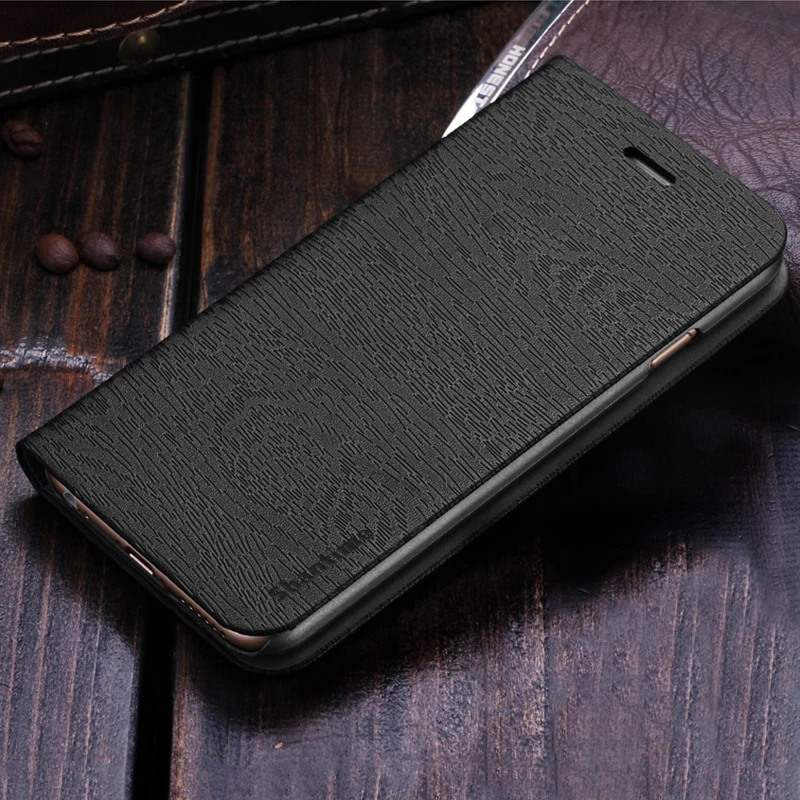 Wood grain PU Leather Phone Case For Vernee M5 Flip Book Case For Vernee M5 Business Wallet Case PC Shell Back Cover - Цвет: Black