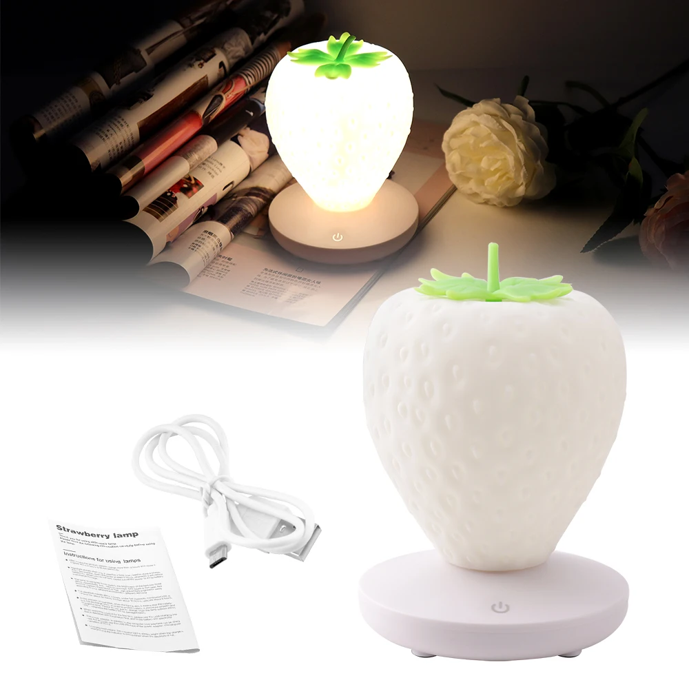 

BORUiT New Cute Strawberry LED Night Light Lamp for Kids USB Rechargeable Bedroom Bedside Desk Table Lamp Touch Dimmable 3 Level