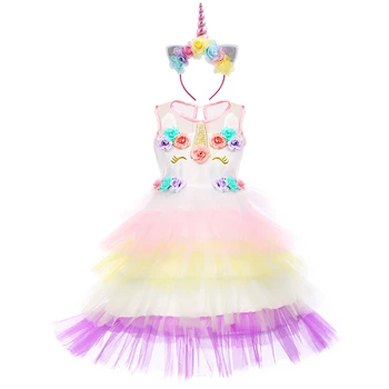 

2pcs Unicorn Flower Dress Up Kids Girls 3D Flower Tulle Dress Headband Birthday Party Unicorn Cosplay Outfit Girls Clothes Set