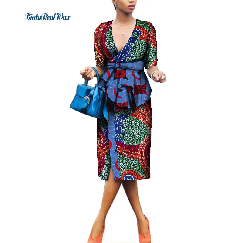 Новый Африканский Воск Принт платья для женщин Базен Riche сексуальные Лоскутные Пояс платья Дашики Африканский стиль Одежда WY4005
