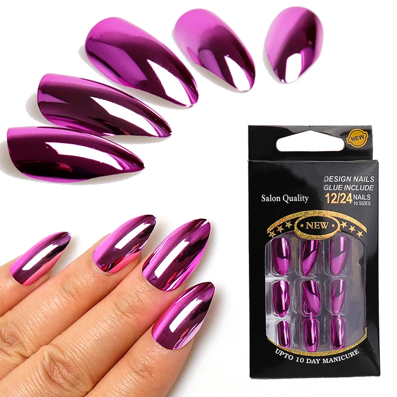

24pcs Fake Nails Magic Mirror Chrome Stiletto Artificial Nails Full Cover False Nail Art Tips Manicure Press On Nails Charms