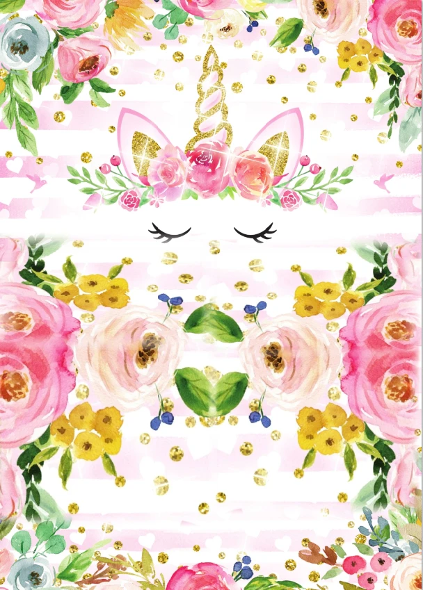 Download 5x7FT Pink Floral Flowers Gold Unicorn Horn Mask Face ...