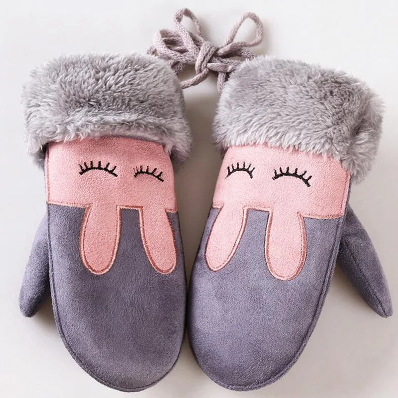 Lovely Cartoon Rabbit Children's Winter Thick Cashmere Cotton Warm Suede Leather Mittens Boy/Girls Faux Sheepskin Gloves 100D