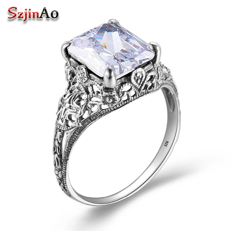 

Szjinao Charm 100% 925 Silver Bulgaria Ring Ethnic Square Vintage Wedding White Zircon Silver Rings For Women Jewelry JW267