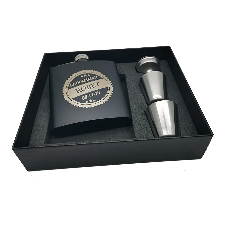 

Personalized Hip Flask 6oz Dinner set design Custom black stainless steel Laser Engraved Gift for Him, Groomsmen Gifts