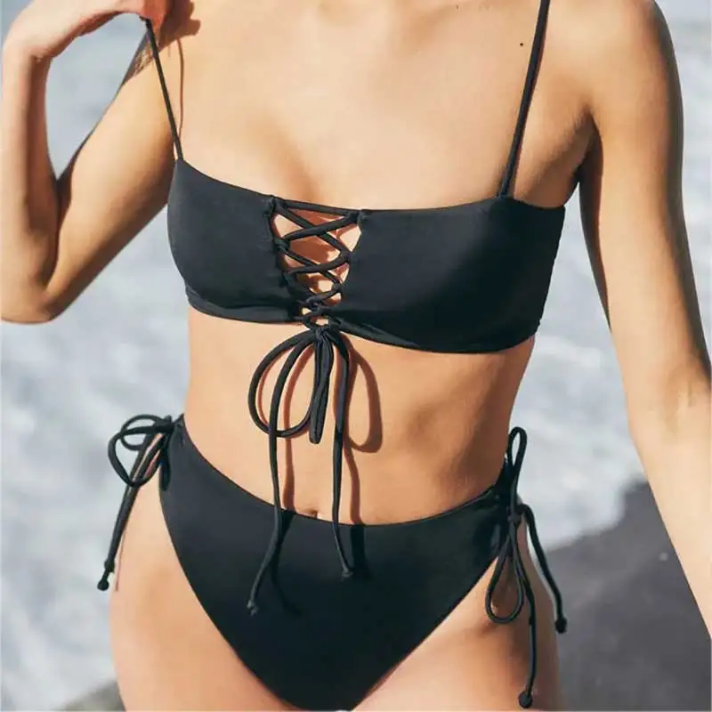 

high waist bikini push up swimwear 2019 bandeau bikini set brazilian bathing suit women swimsuit female solid sexy swim suit