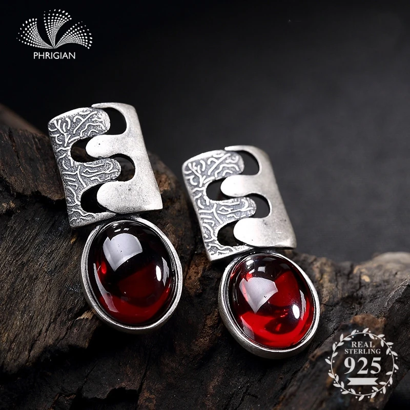 

NOT FAKE S925 Fine Jewelry Earrings 925 Sterling Silver Women ruby jasper garnet Retro Exquisite Semi ruby stone jasper