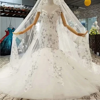 

LS087841 elegant mermaid wedding gown with long lace veil o-neck cap sleeves trumpet wedding dress among 2018 best seller list