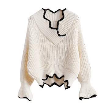 

Rlyaeiz Korean Knitted Women Sweater 2018 Spring Autumn Fashion Irregular Collar Knitwear Lantern Sleeve Woman Pullover Sweaters