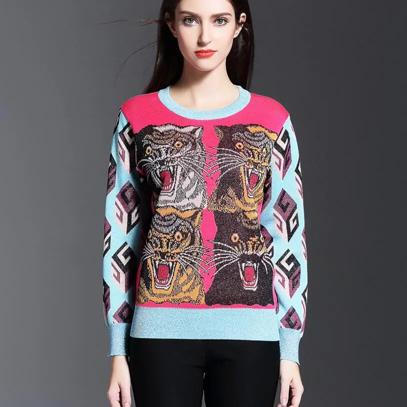 Sweater knitted tiger pattern pink autumn/winter wool sweaters women O