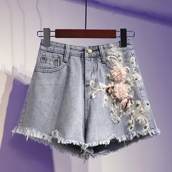 

Heavy work Denim Shorts Women High Waist Wide Leg Ripped Hole Tassel 3D Flower Shorts Embroidery Jeans Shorts Large Size 5XL