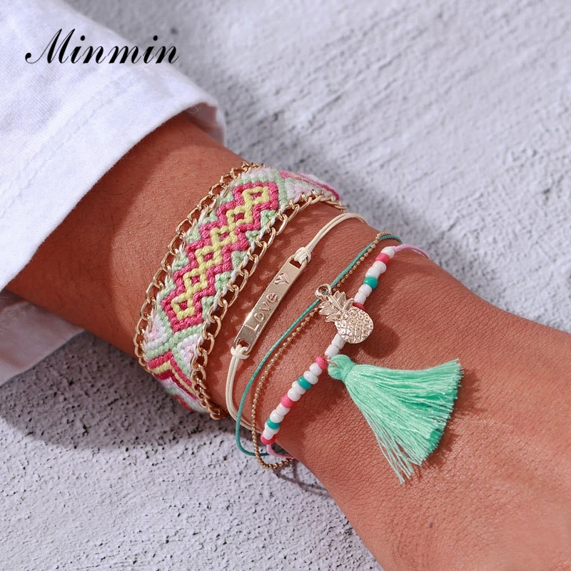 

Minmin 4 Pcs/Set Boho Colorful Bead Multilayer Ethnic Fringe Charm Bracelets for Women Handmade Weave Strand Bracelets Set SL390