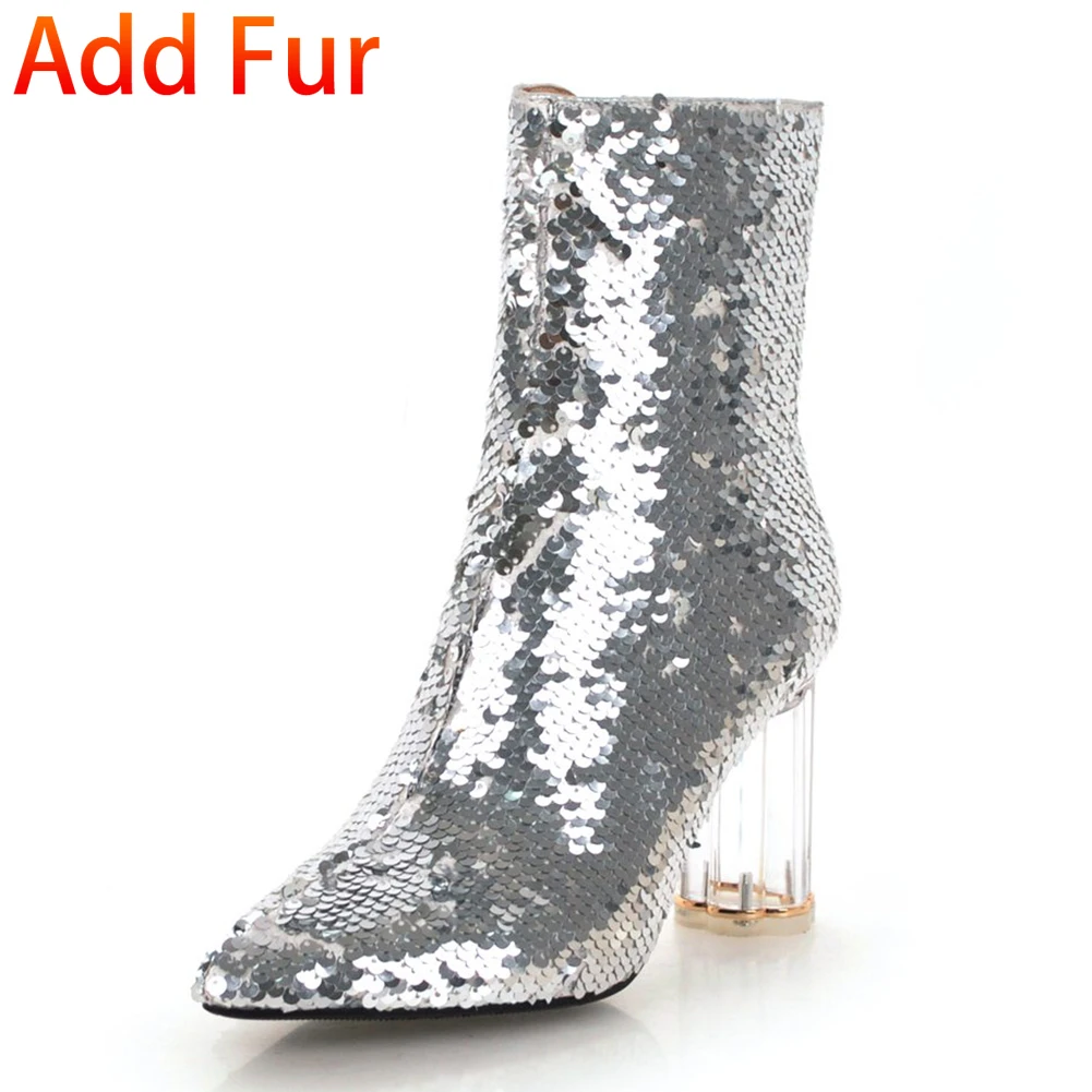 DoraTasia Fashion Sequined Cover Ankle Boots Female Autumn Winter Shoes Pointed Toe High Heels Boots Women Shoes - Цвет: silver thick fur