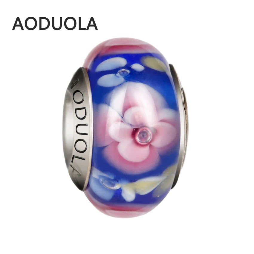 

AODUOLA Glass Beads Blue Bead pink flower big hole DIY Spacer European Murano Chunky Czech Bead Fit For Pandora Charms Bracelet