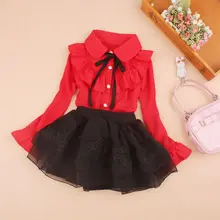 3-15 лет с длинным рукавом шифон отложной воротник красный школьница Топы корректирующие Детские рубашки детские для малышей и подростков блузка для девочек осень jw2428a