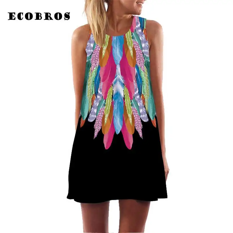 

ECOBROS 2019 New Woman Summer Dress Loose casual sleeveless leaves printed mini short dresses plus size woman clothing dress