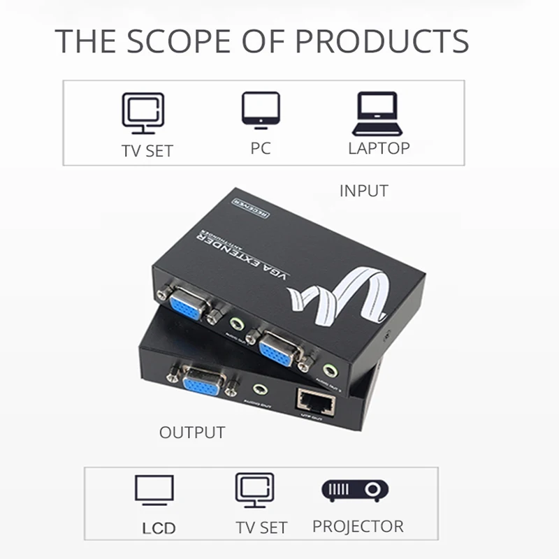 MT-Viki 200mt VGA Extender HD vga Video 3.5mm Audio Repeater Extender over UTP by RJ45 CAT 5e / 6 LAN Cable Adapter MT-200T
