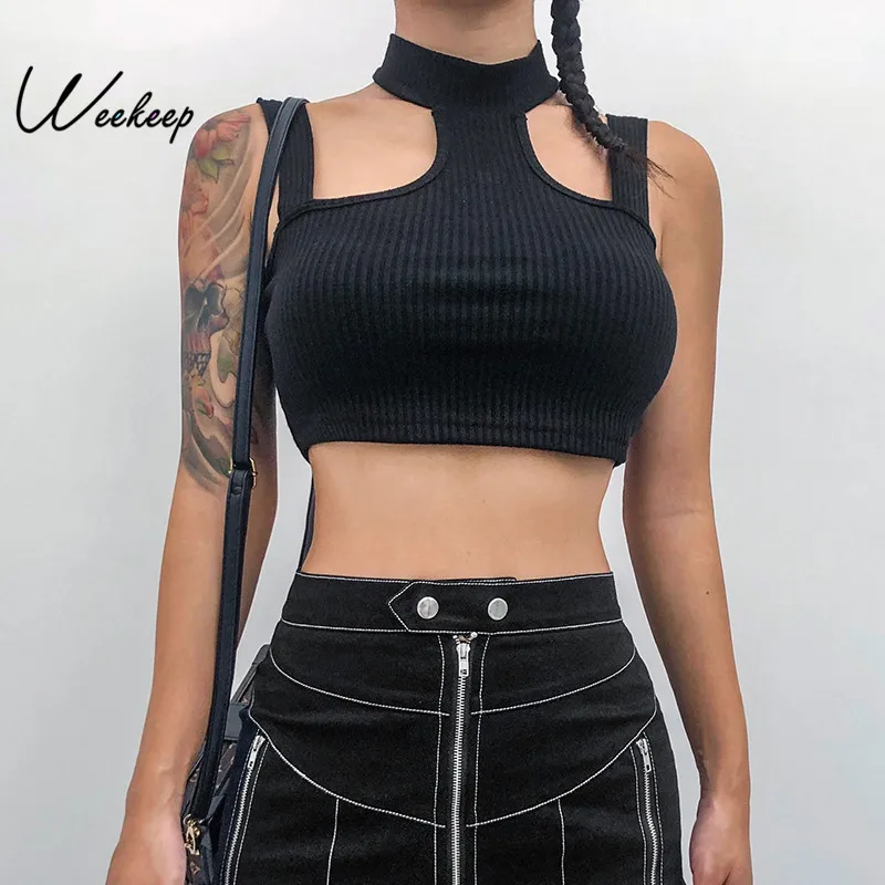 

Weekeep Women Sexy Cropped Halter Tank Top Black Backless Hollow Out Crop Top Women Streetwear 95% Cotton Tank Top