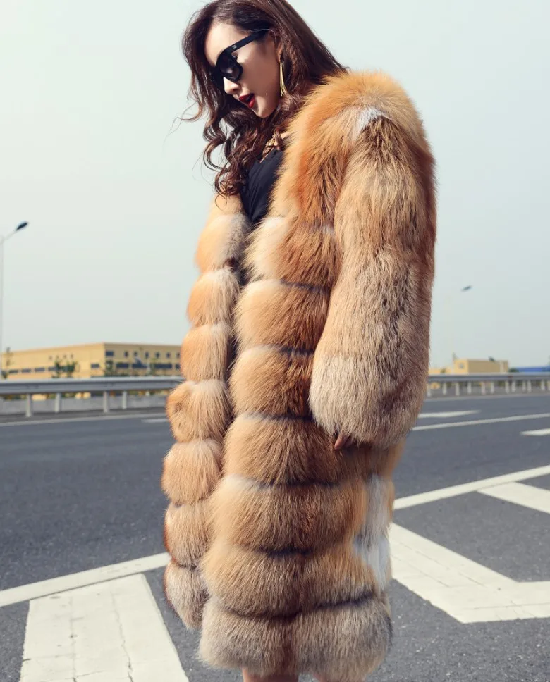 

90CM Russia Style Thick Warm Fur Coat For Women Winter Gorgeous Natural Real Red Fox Fur Long Overcoat With Full Pelt Sleeve