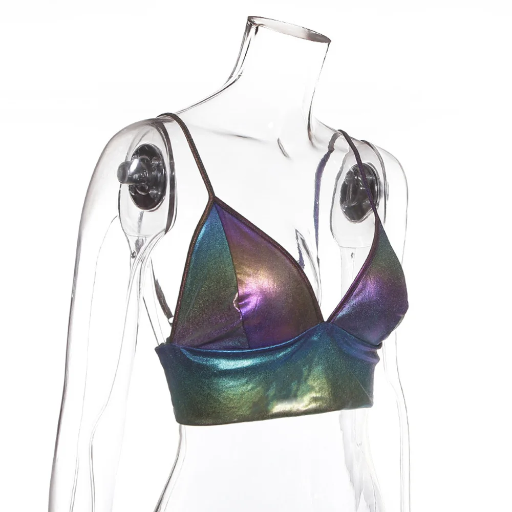 V Neck Sexy Holographic Bralette Crop Top Strap Reflective Fashion Camis Hot Summer Sleeveless Backless Tank Tops