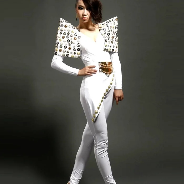 Sexy White Jumpsuit Female Adult Bodysuit DJ DS Singer Nightclub Party Costume Women'S Stage Leggings Beyonce Costume DL3980 - Цвет: Белый