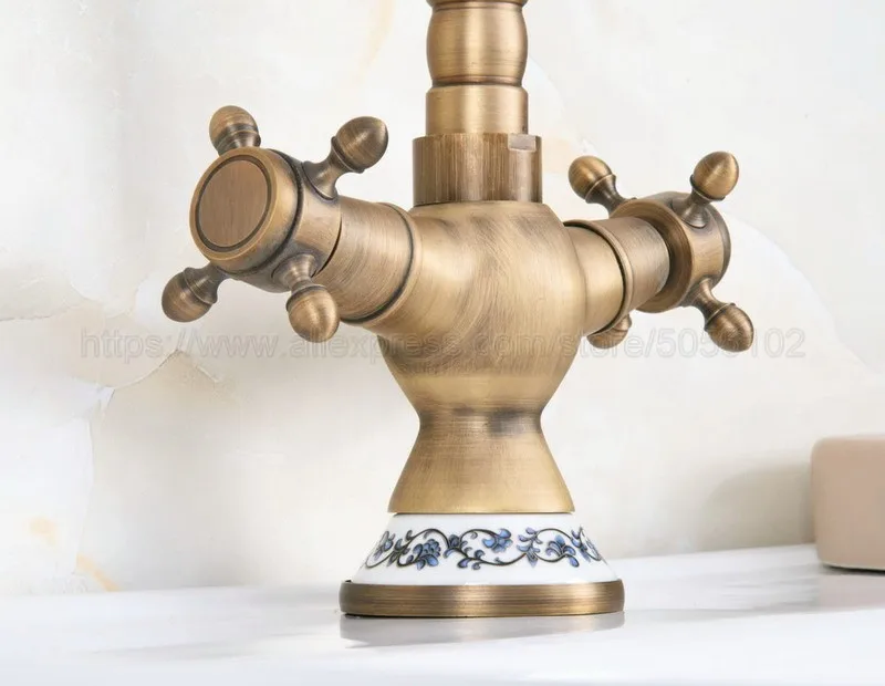 Antique Brass Bathroom Sink Faucet Basin Mixer Tap Double Cross Head Handle Single Hole Hot and Cold Water znf602
