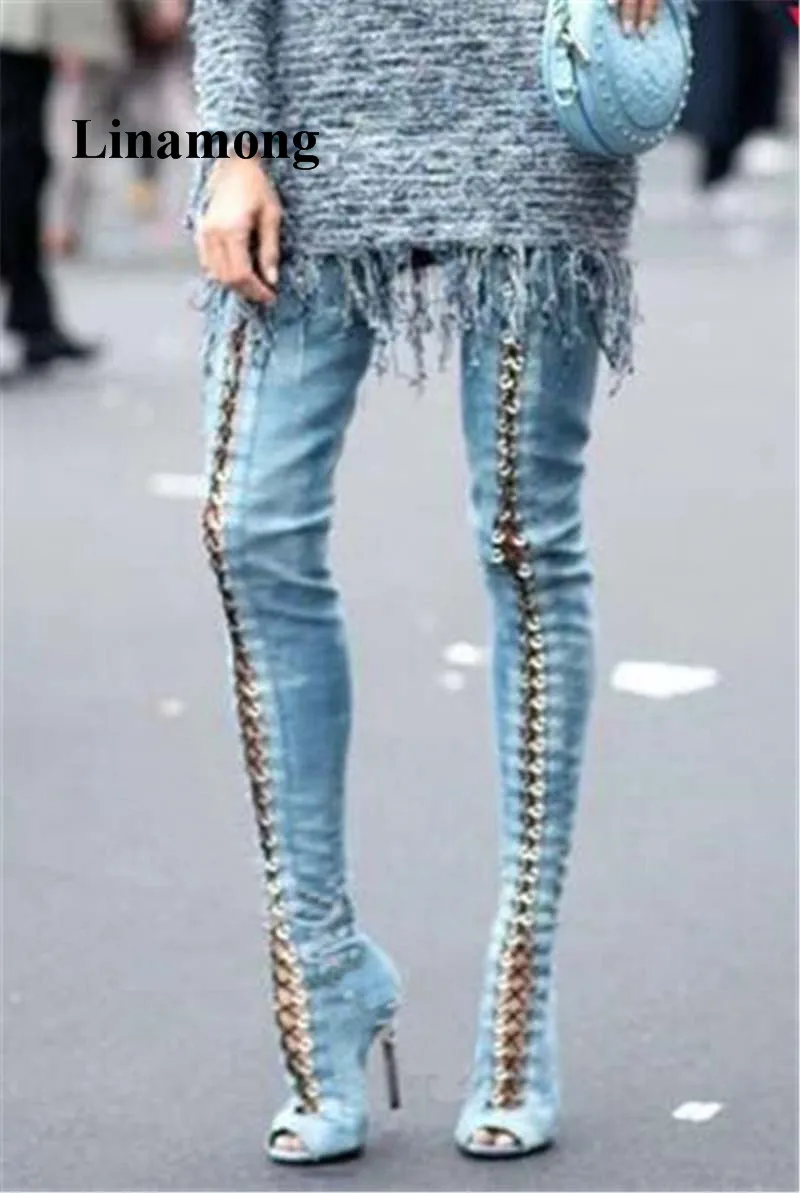 Г. Модные длинные сапоги-трубы выше колена женские джинсовые ботинки на тонком высоком каблуке с перекрестной шнуровкой весенне-осенние ботинки с открытым носком нормальный размер