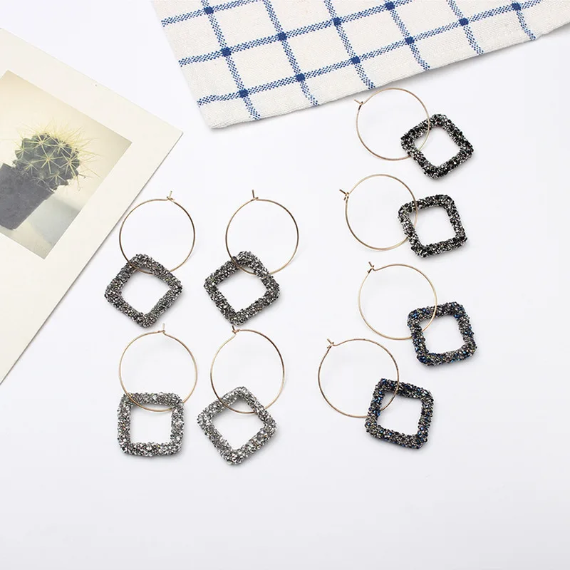 

New Style Square Black Rhinestone Big Hoop Earrings for Women Korean Fashion Jewelry Earring for Female 2019 Pendientes Mujer