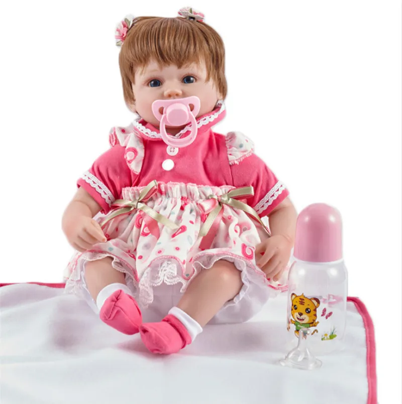 

New 45cm Reborn Girl Baby Doll Toy Baby Doll With Feeding Bottle Magnetic Pacifier Lifelike Pink Dress Newborn Birthday Gift