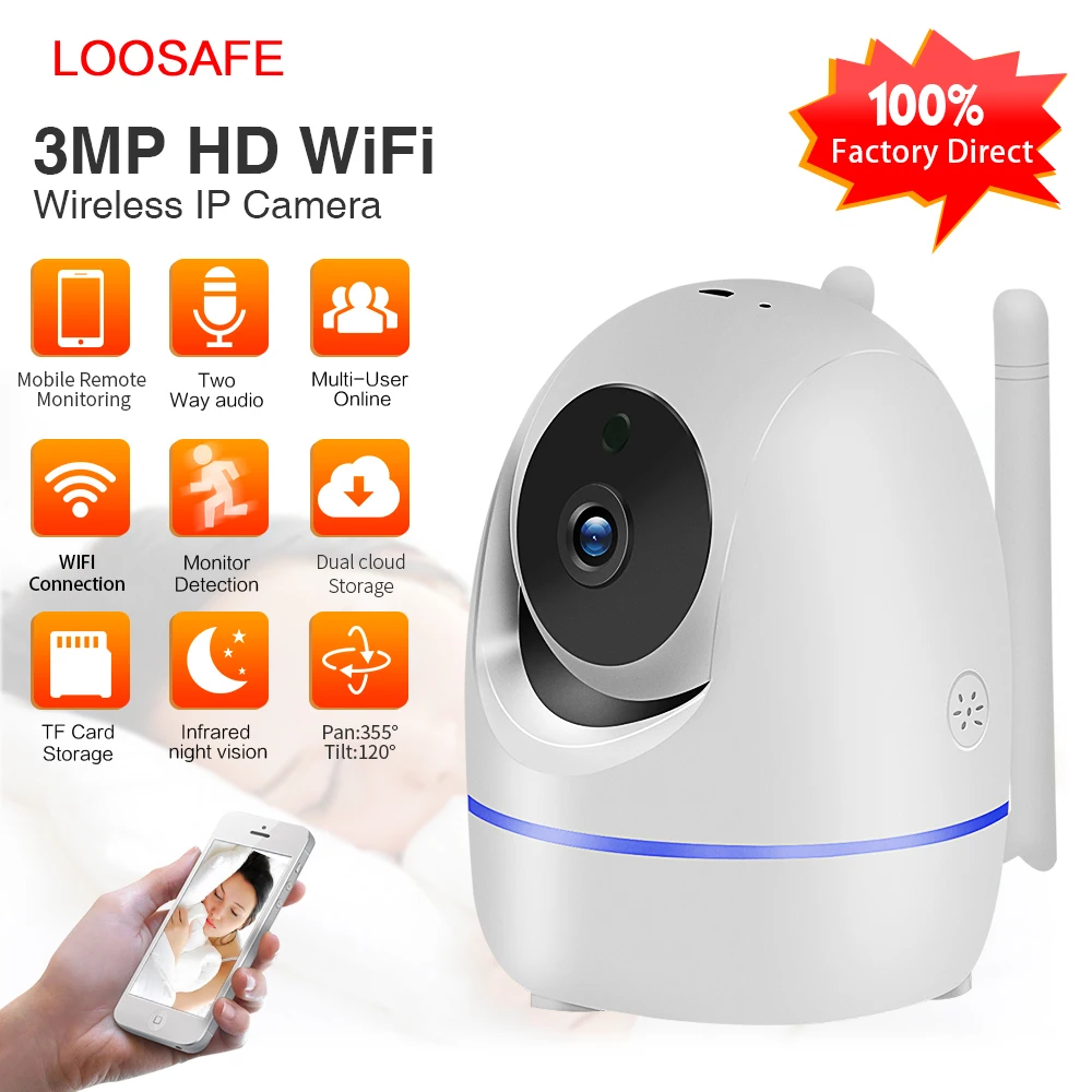 LOOSAFE 3.0MP домашняя IP камера безопасности Wi Fi Беспроводной Full HD Детский Монитор IRCut