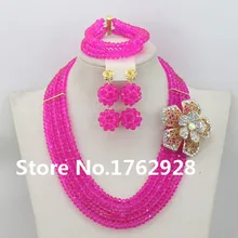 Новая коллекция! Очаровательная ярко-розовый кристалл в нигерийском стиле традиционные Свадебные африканские бусы комплект ювелирных изделий, Для женщин Ожерелья для мужчин браслет Серьги