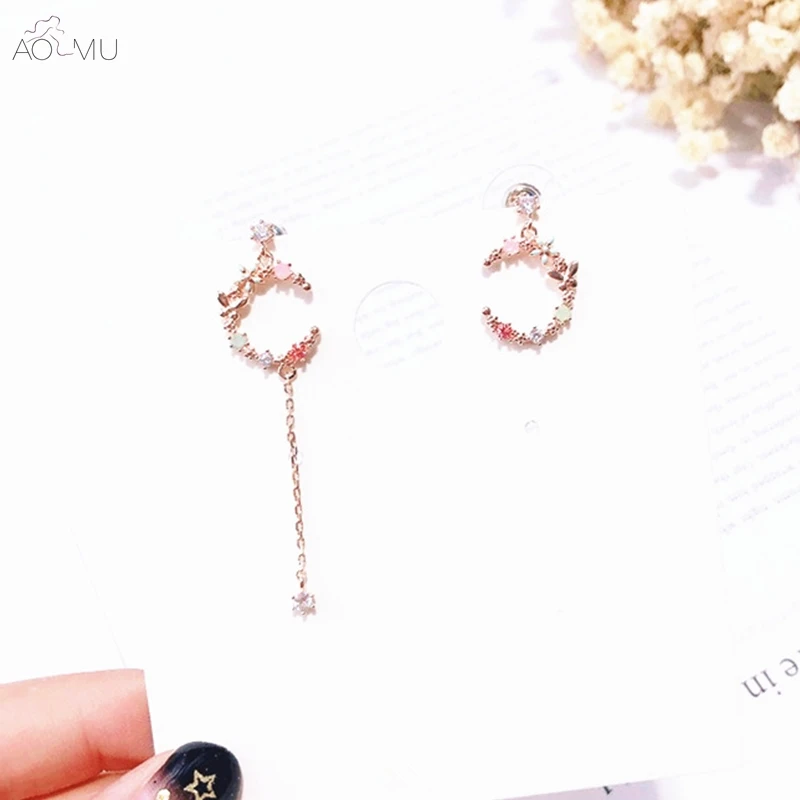 

AOMU S925 Sterling Silver Pin Asymmetry Color Zircon Moon Long Metal Chain Dangle Drop Earrings for Women Girl Party Beach Gift