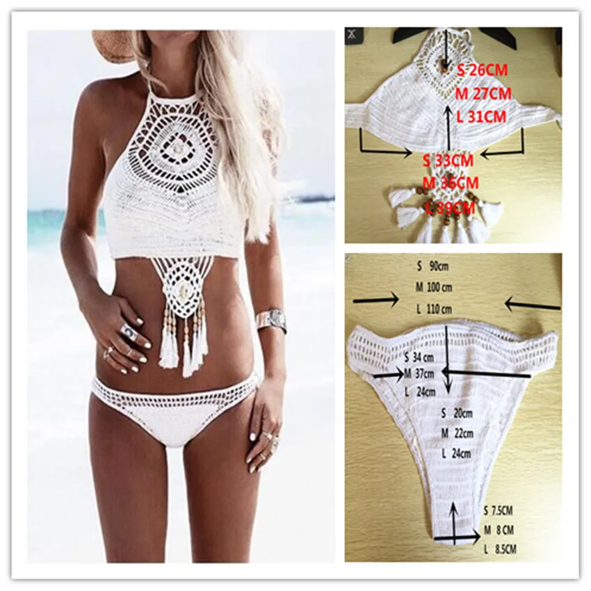 

White Khaki 2016 New Handmade Crochet Bikini Set High Neck Swimsuit Sexy Women Fringe Swimwear knitting Biquini Bathing Suit