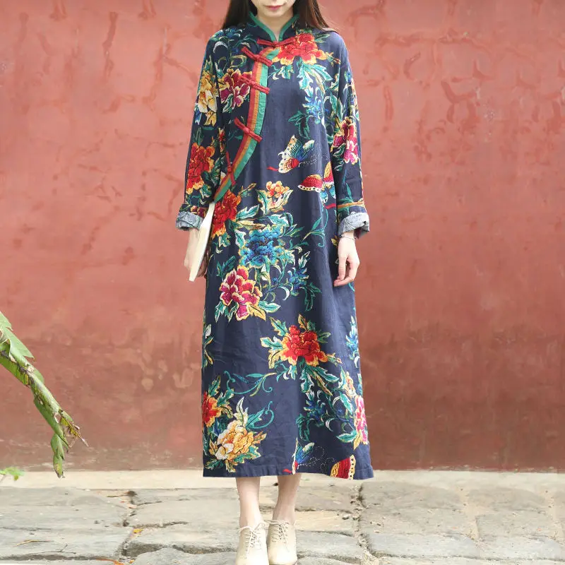 LZJN восточное платье с длинными рукавами Cheongsam Qipao лето осень с рисунком цветов и бабочек халат традиционное китайское женское платье - Цвет: deep blue