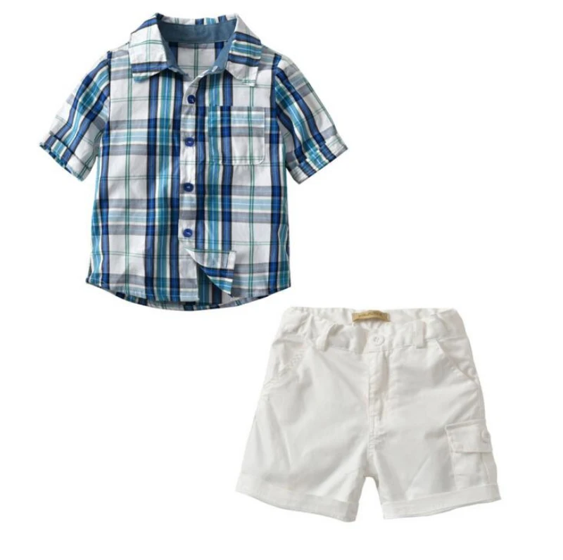 Children Boys Clothing Sets Short Sleeve Cotton Check Shirt + White ...