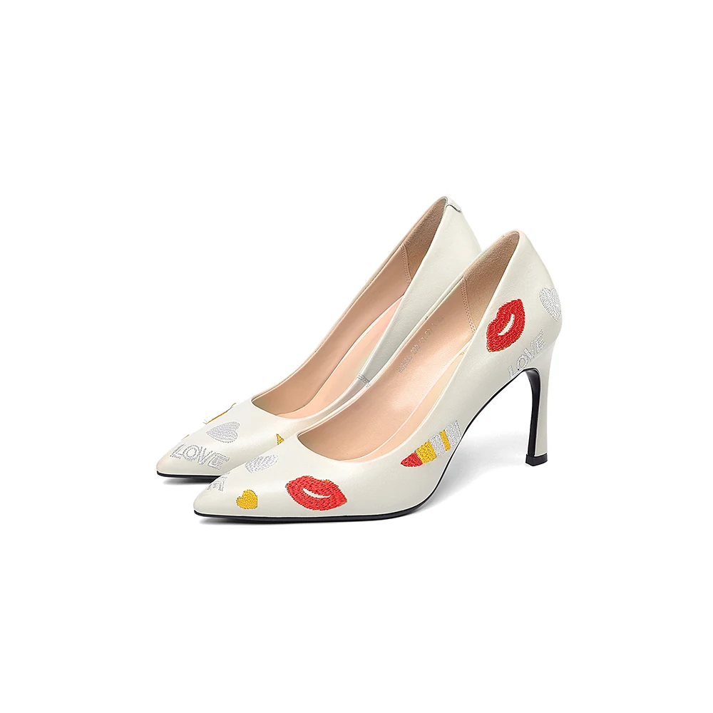 Pie Vestido Mujer Tacón black Dulce Beige Bomba Cuero Del Delgada Zapatos Puntiagudo La Bordar Camiseta De Tacones Genuino Leepo Negro Dedo Alto qwC1IxTnXP