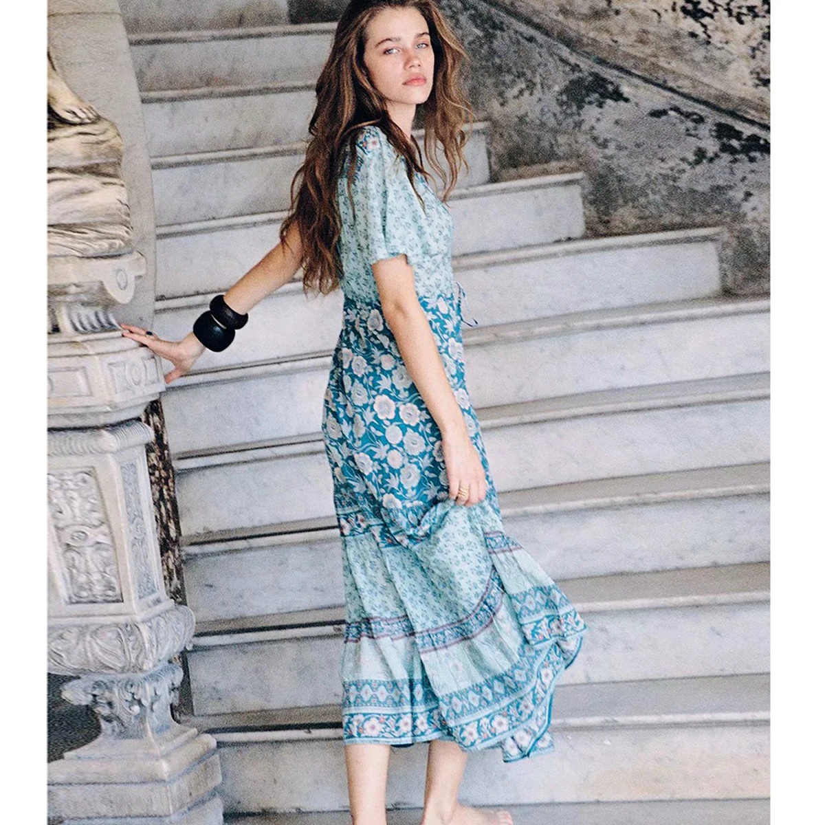 Online Blue Floral Chic Maxi Dress Women 2019 Retro Short Sleeve V neck Sexy Dresses Summer Clothes Boho Hippie Beach Party Long Dress