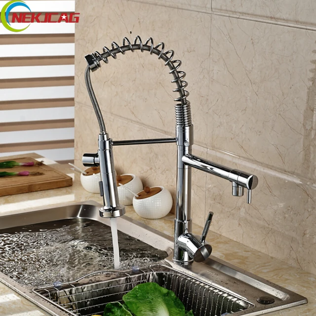 Special Offers Luxury Deck Mounted Spring Single Handle Kitchen Faucet Pull Down Sink Mixer Tap With Dual Swivel Spout