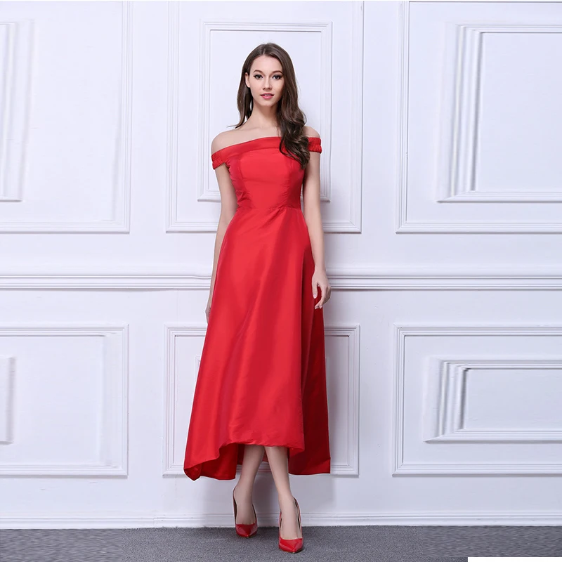 

2019 Graceful Red Satin Long Gowns Off The Shoulder Slash neck Floor Length Black Red Women Party Dress
