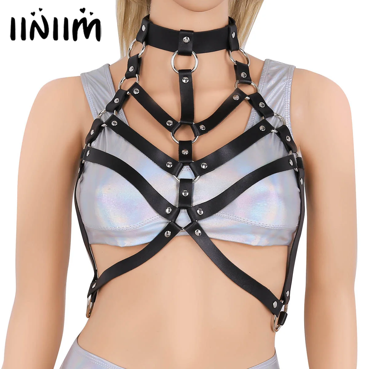 

Adult Fashion Punk Clubwear Faux Leather Halter Neck Adjustable Body Chest Cage Half Harness Belt with O-rings Womens Costumes