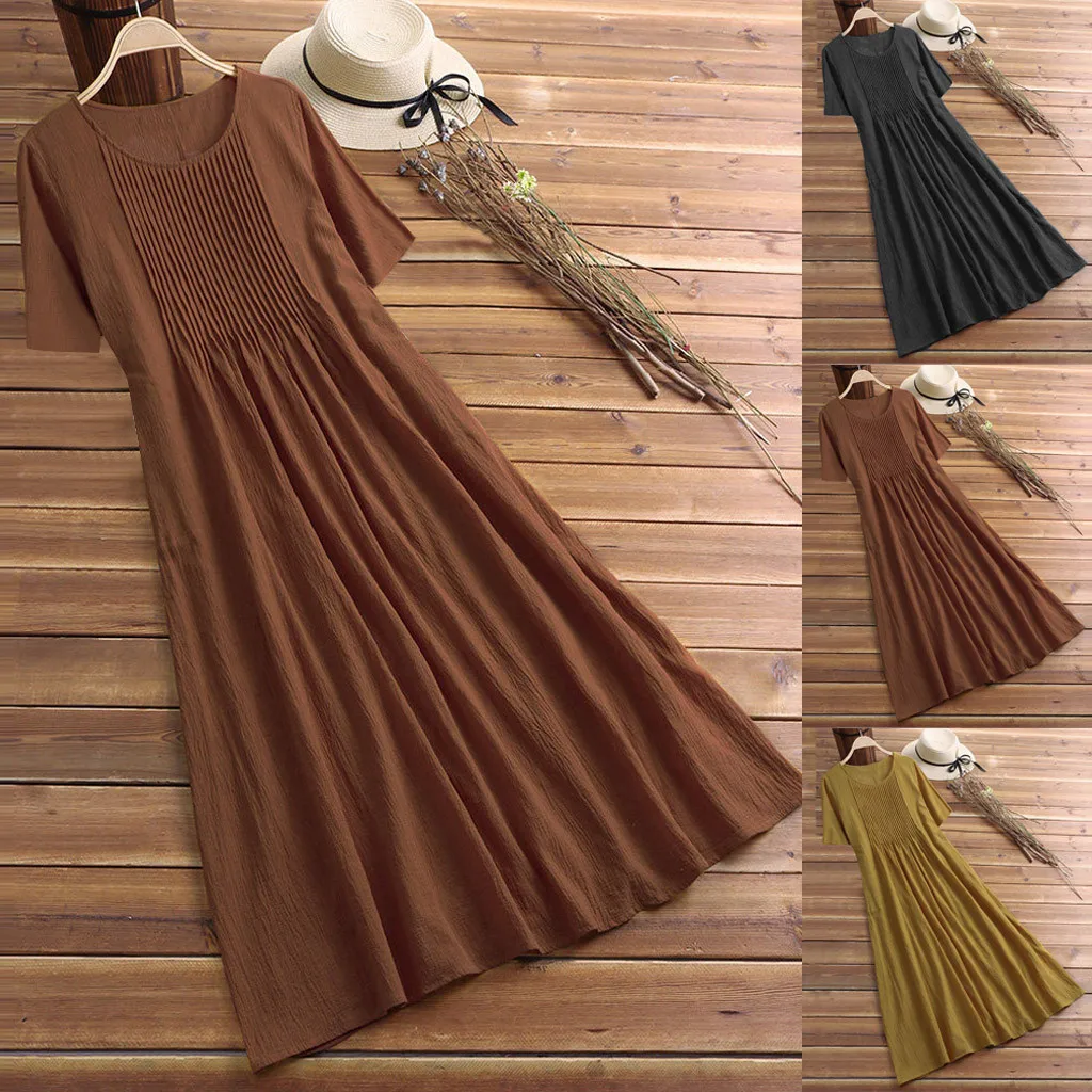 

2019 Summer Women Dress Linen Pleated Solid Casual Loose Short Sleeve O-neck Vintage Loose Mid-Calf Dress Sundress L417