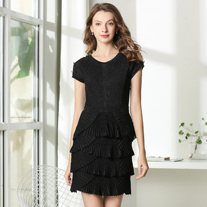 Летнее модное трикотажное платье-свитер высокого качества, женское трикотажное платье с люрексом и пуговицами с бисером, черное розовое платье с коротким рукавом