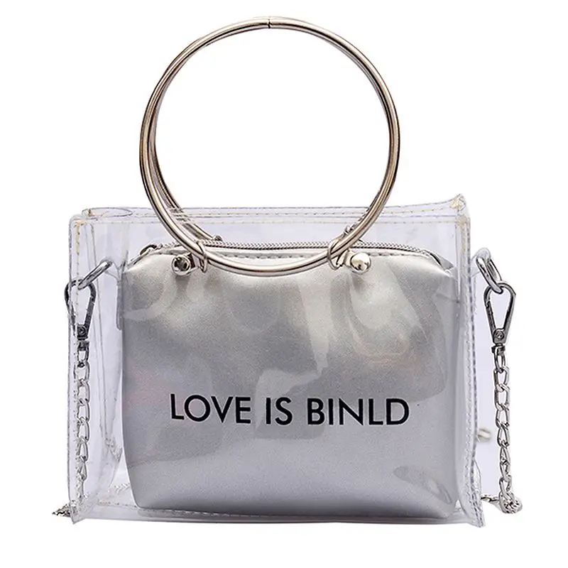 

Fashion Women Bag Set Transparent Shoulder Bag+Clutch For Teenage Girls Fashion Jelly Crossbody Bag Circle Handle Tote Silver